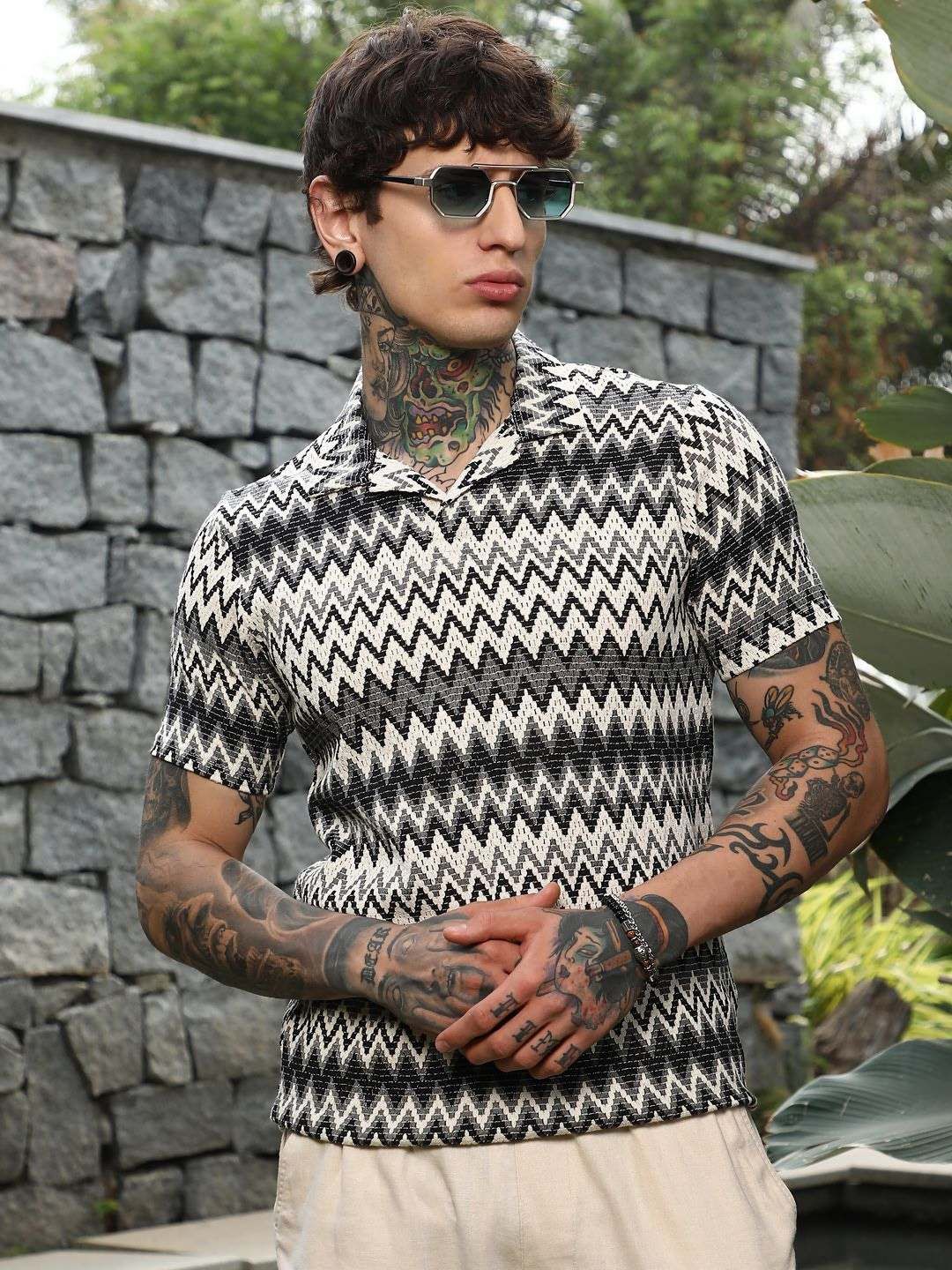 CAHOOT Men Striped Polo Collar Cotton T-shirt