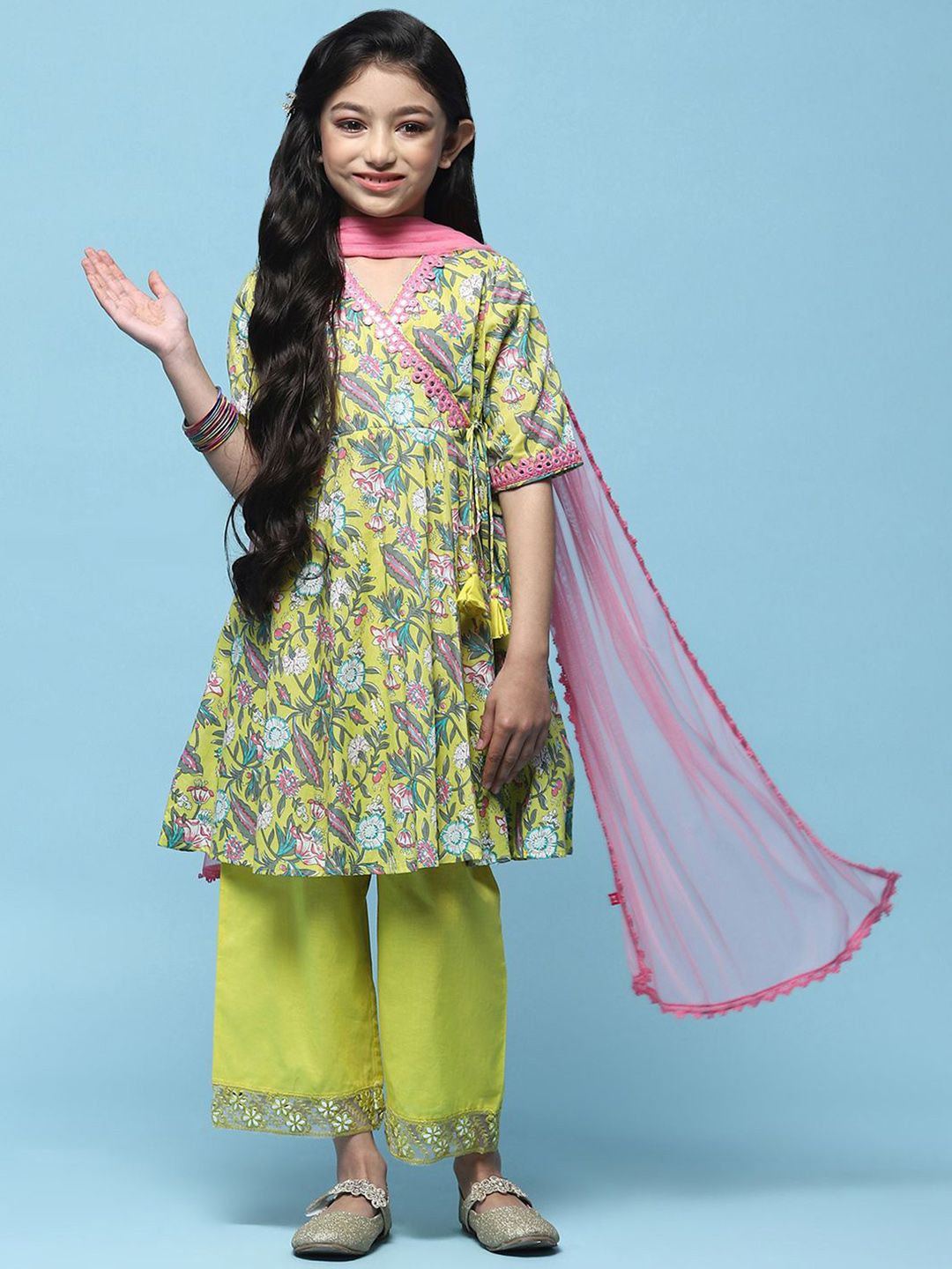 Biba Girls Floral Printed V-Neck Angrakha Pure Cotton A-line  Kurta With Palazzo & Dupatta