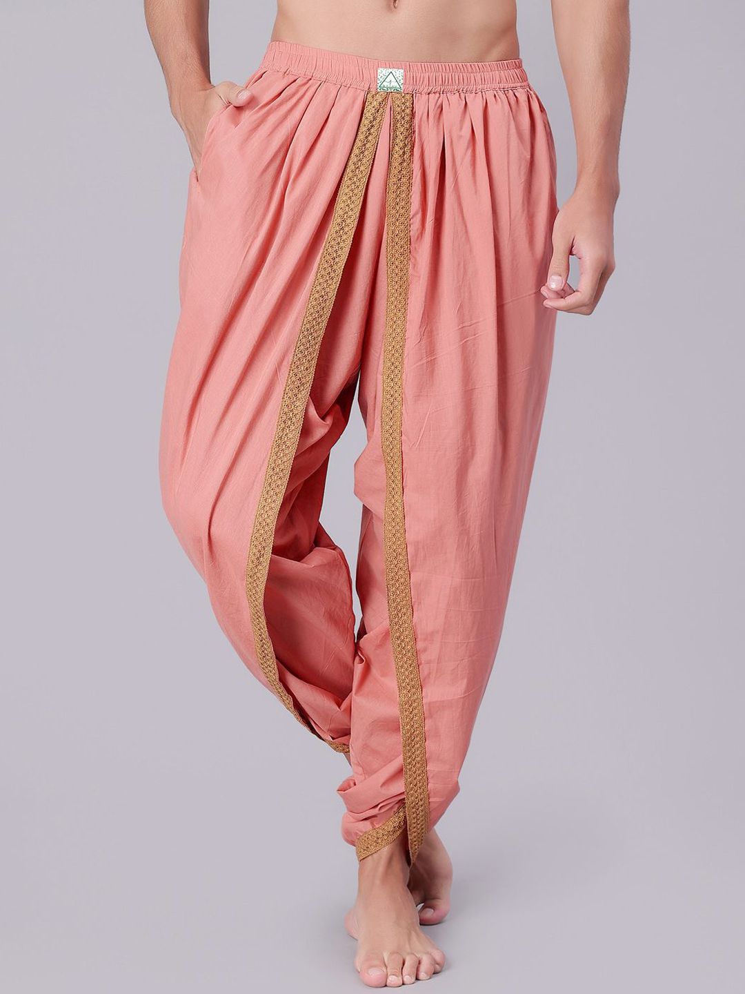 Bharatasya Men Solid Dhoti Pants with Drawstring Waist Saffron