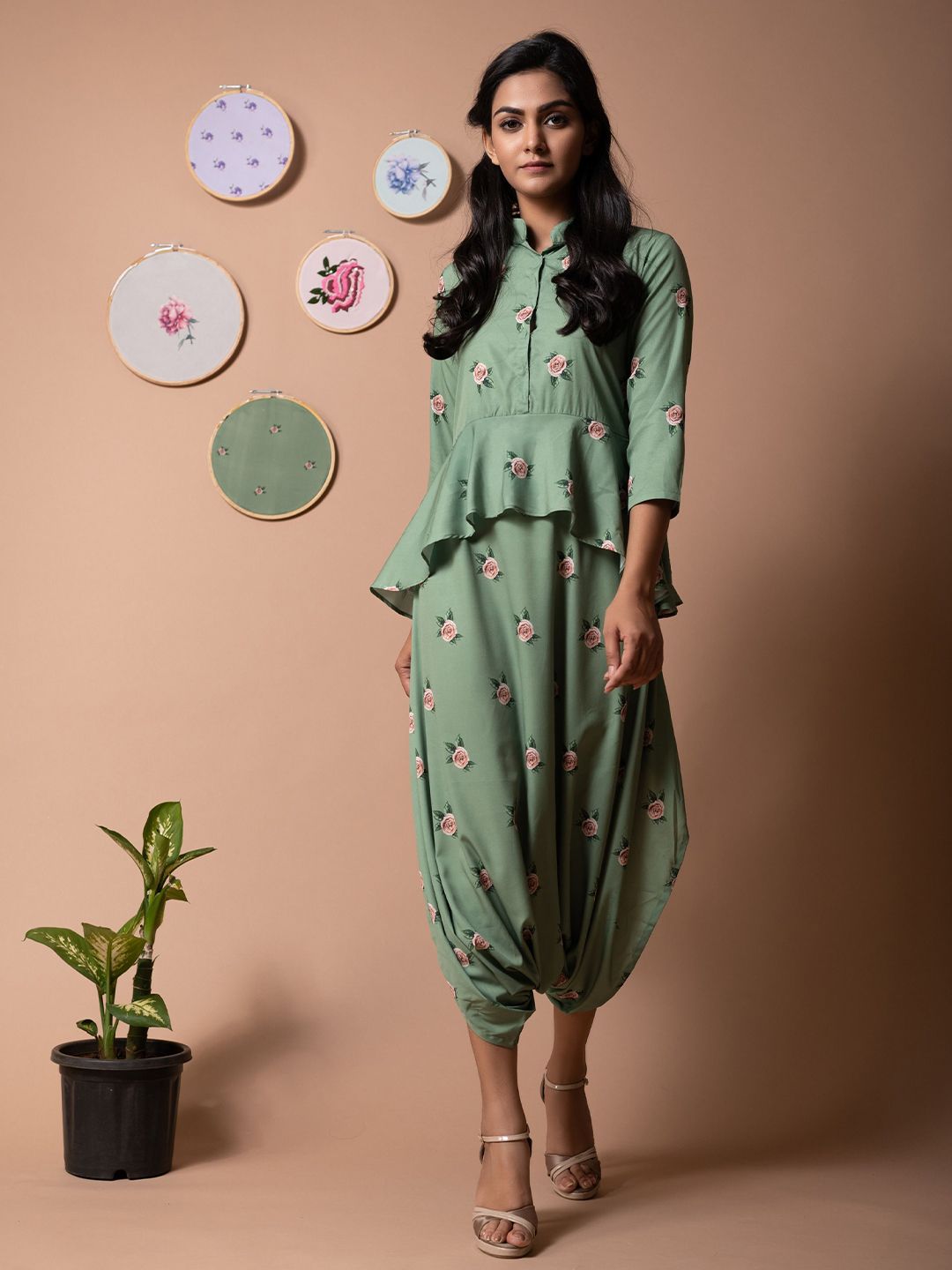 Pasha Women Seafoam Green Peplum Dhoti Jumpsuit