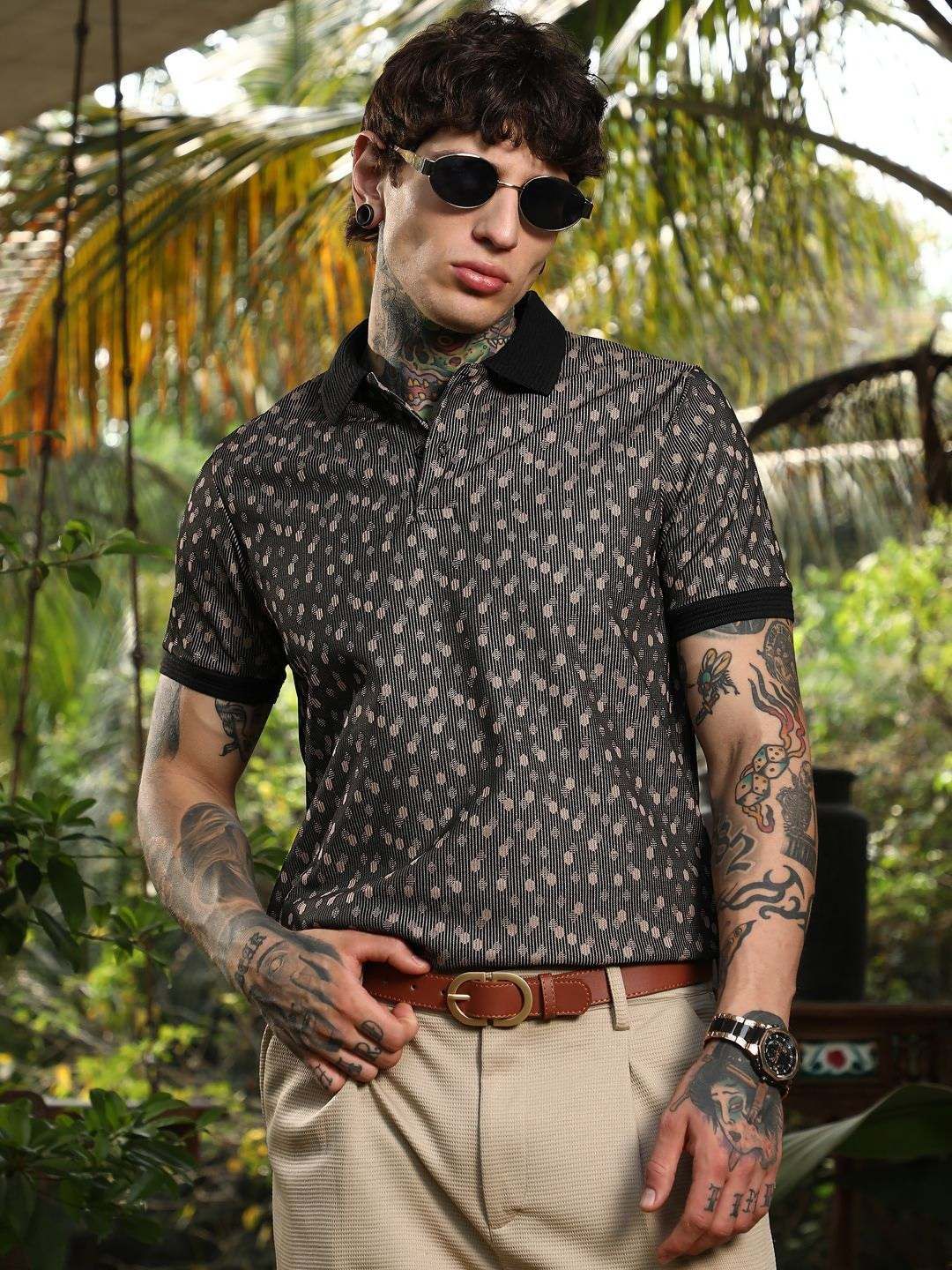 CAHOOT Abstract Self Design Polo Collar Pockets Cotton T-shirt