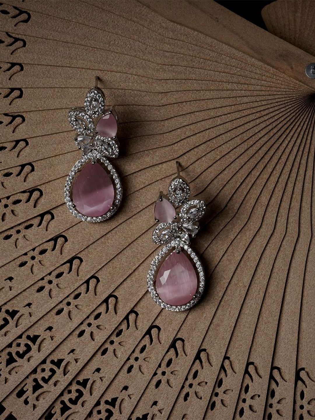 Gemron Jewel Rhodium-Plated American Diamond Contemporary Shapaed Drop Earrings