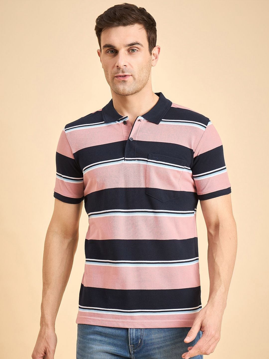 Duke Variegated Striped Polo Collar Cotton T-shirt