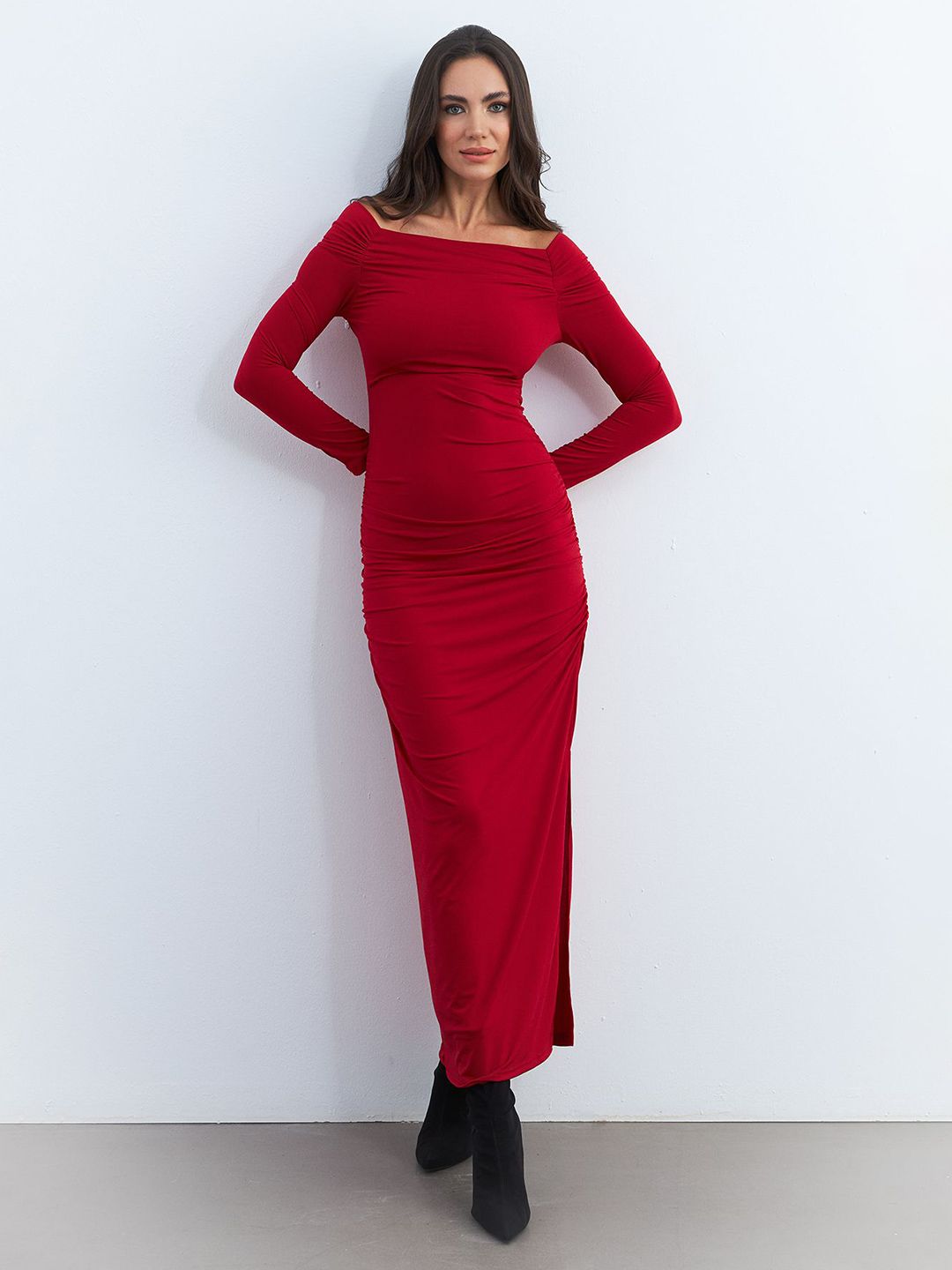 sleeve maxi dress red long sleeve ruched dress