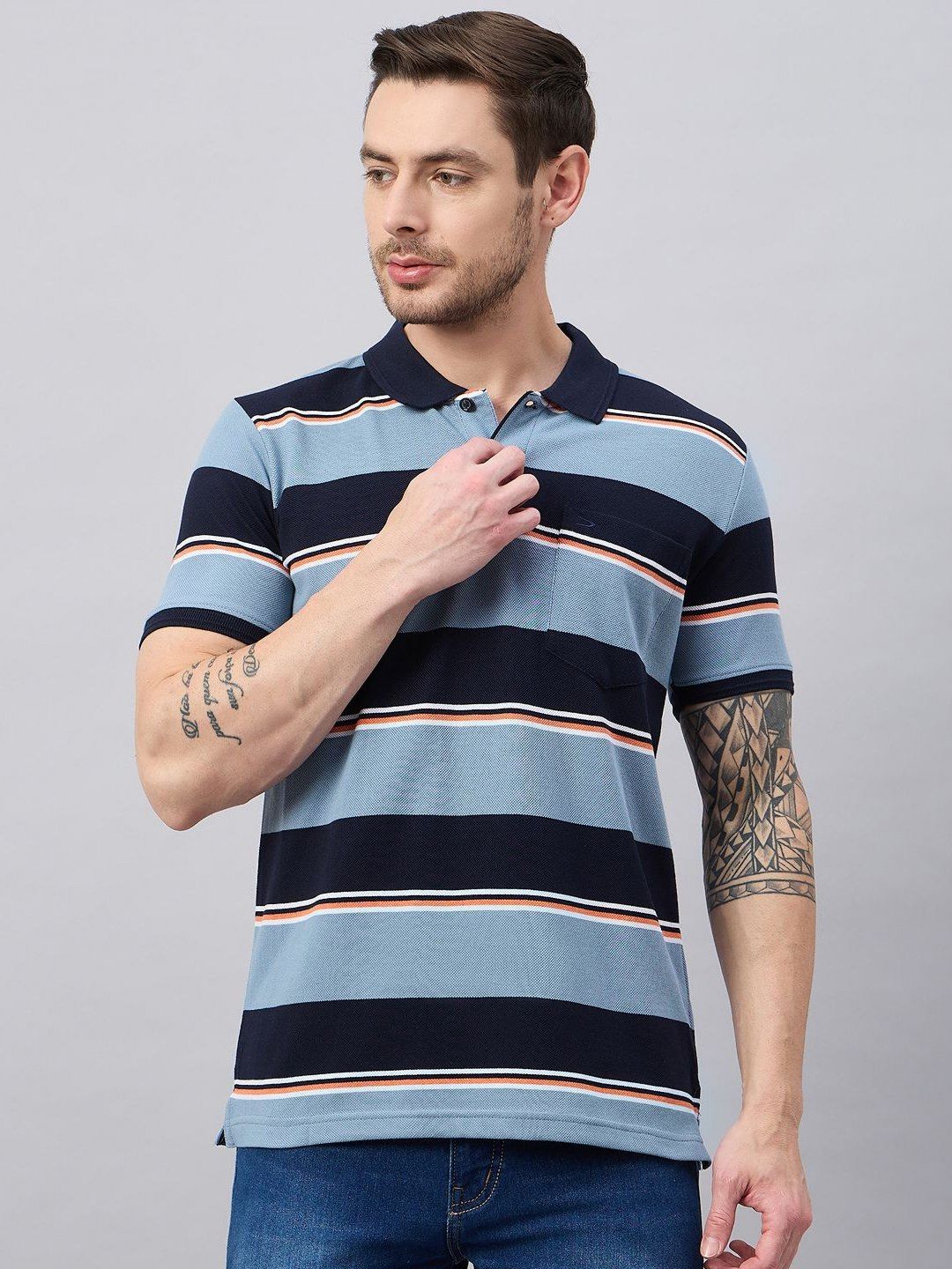 Duke Men Striped Polo Collar Pockets T-shirt