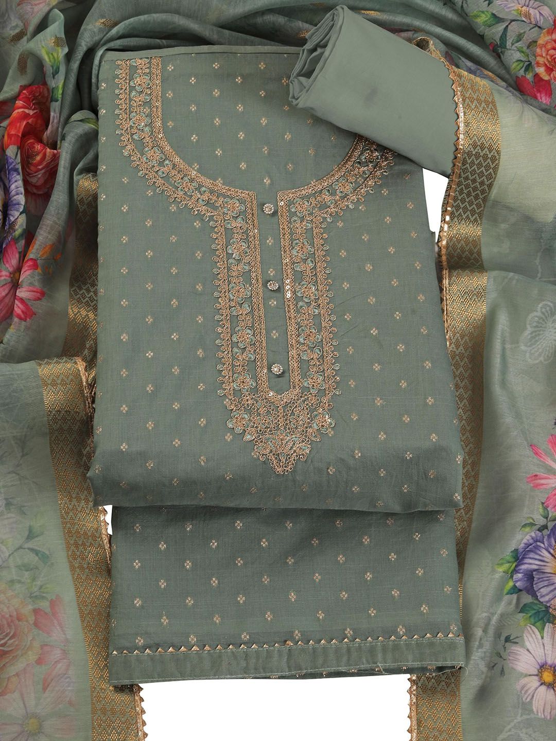 TAVAS Floral Embroidered Zari Work Chanderi Silk Unstitched Dress Material