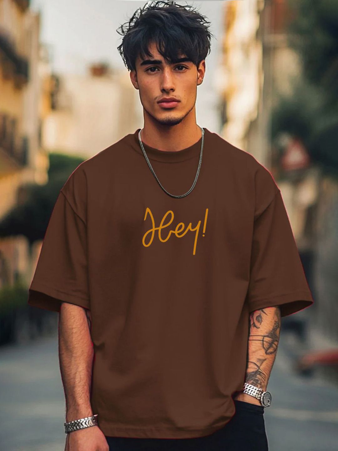 Genzy Typography Printed Round Neck Drop-Shoulder Sleeves Cotton Oversized T-shirt