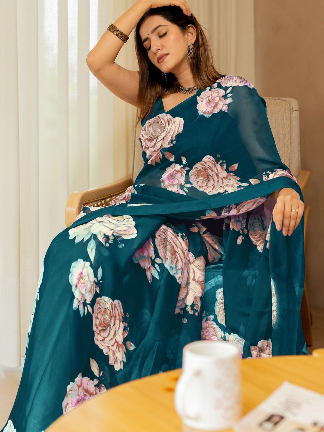 KALINI Floral Printed Saree With Unstitched Blouse Piece Price in India