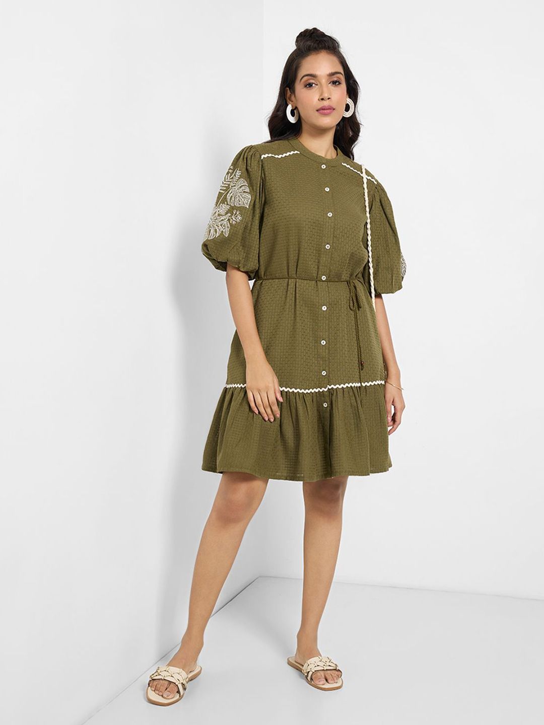 AKKRITI BY PANTALOONS Embroidered Puff Sleeve Shirt Dress
