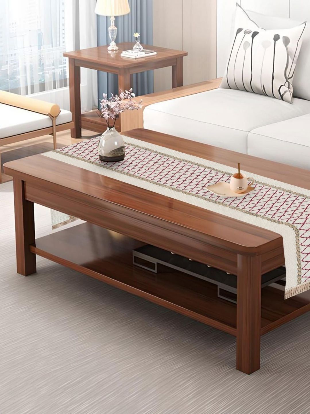 TANLOOMS Cream & Maroon Textured Table Runner