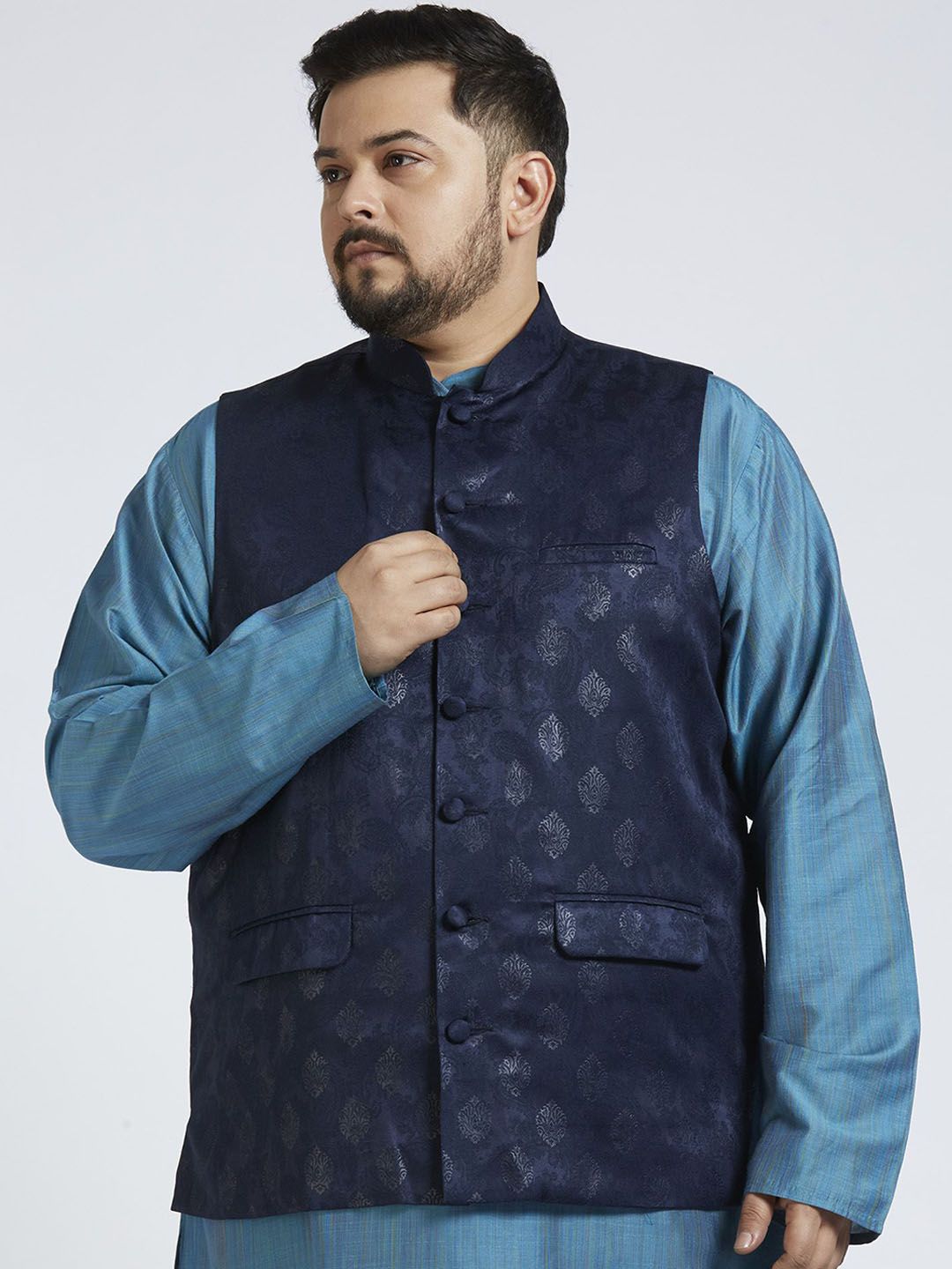 Sizeupp Printed  Plus Size Woven Nehru Jacket