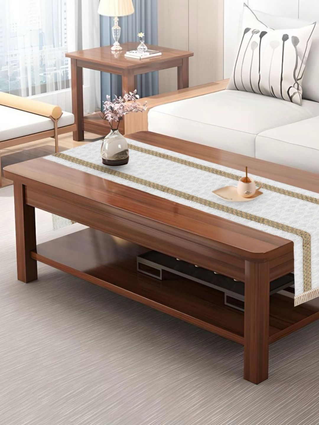 TANLOOMS White & Beige Textured Table Runner