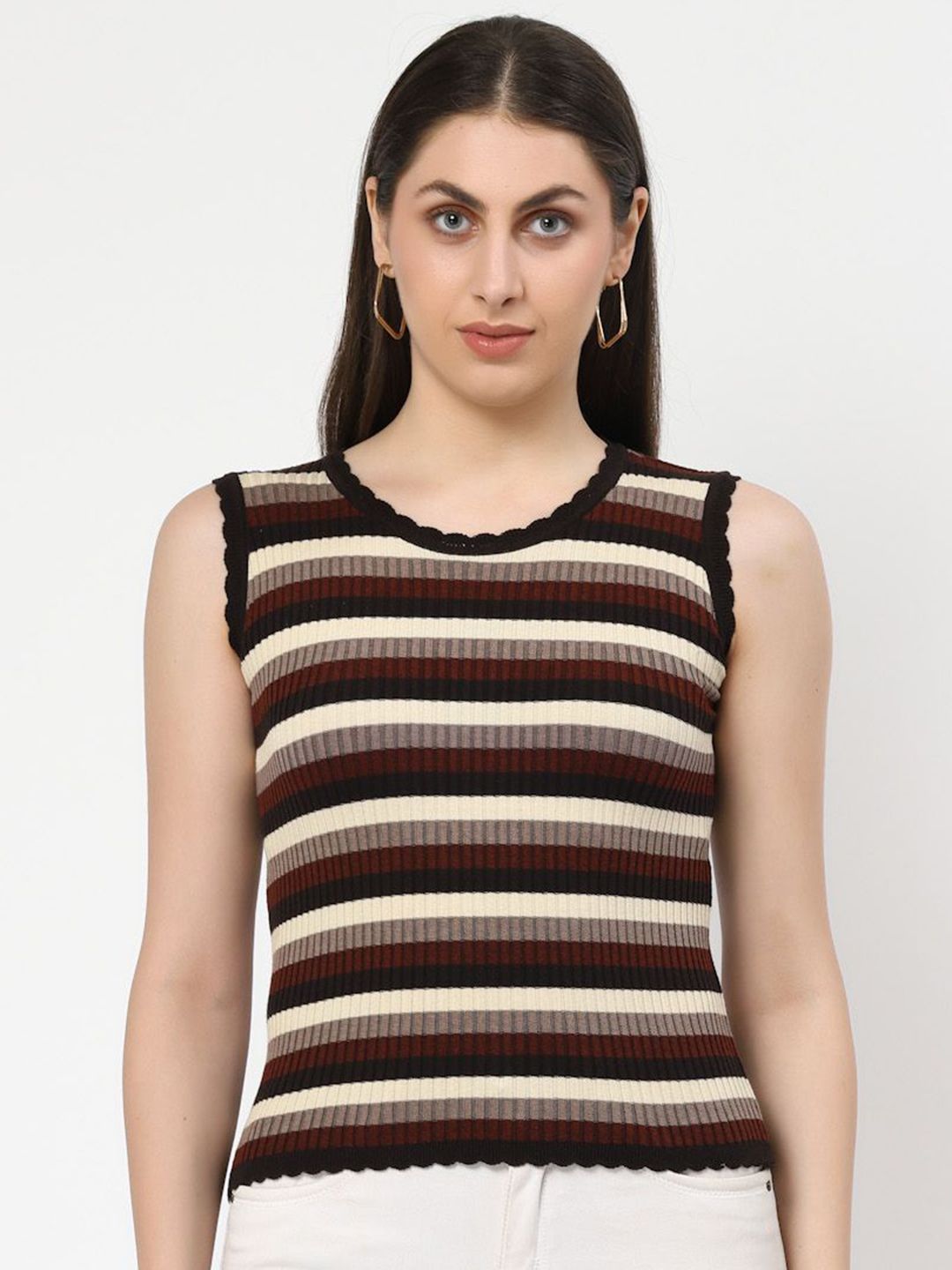 Kalt Women Horizontal Stripes Round Neck Cotton Top