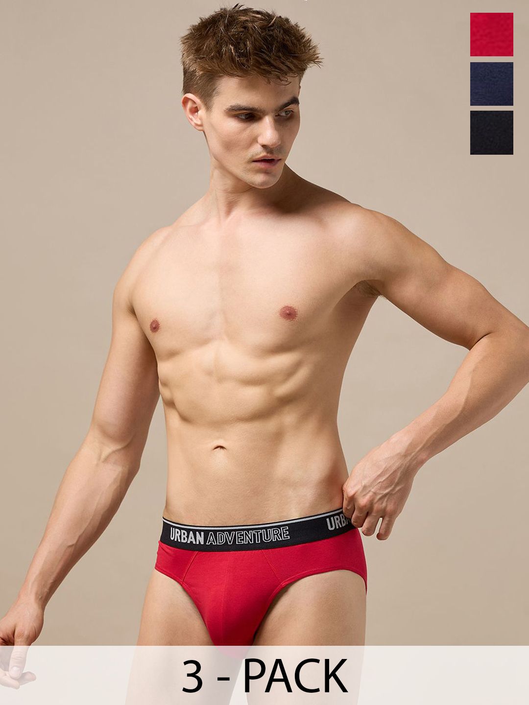 URBAN ADVENTURE Pack Of 3 Mid-Rise Anti-Bacterial Basic Briefs 3UAM-002(BLACK-NAVY-RED)