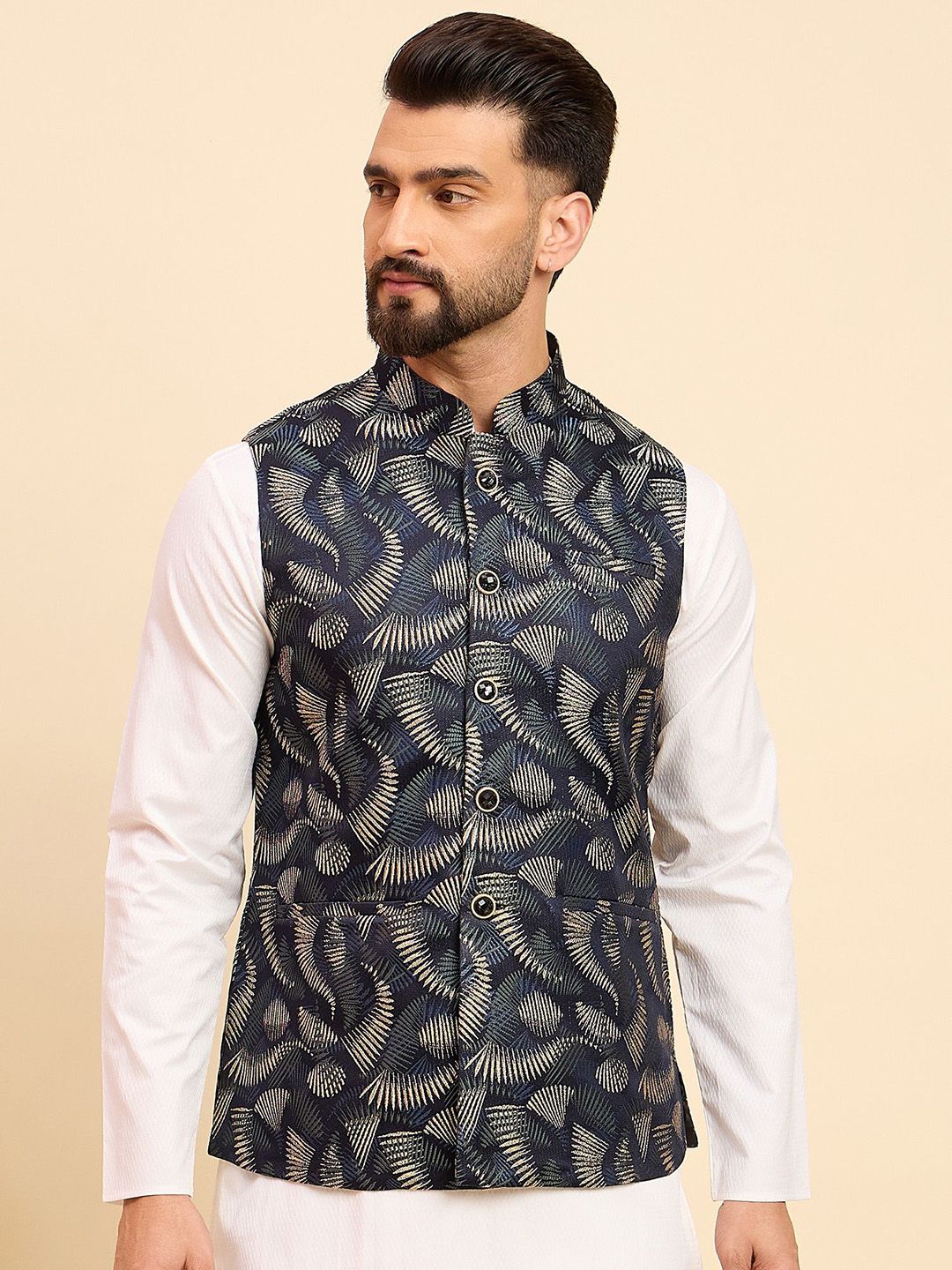 House of Pataudi Men Woven Design Mandarin Collar Nehru Jacket