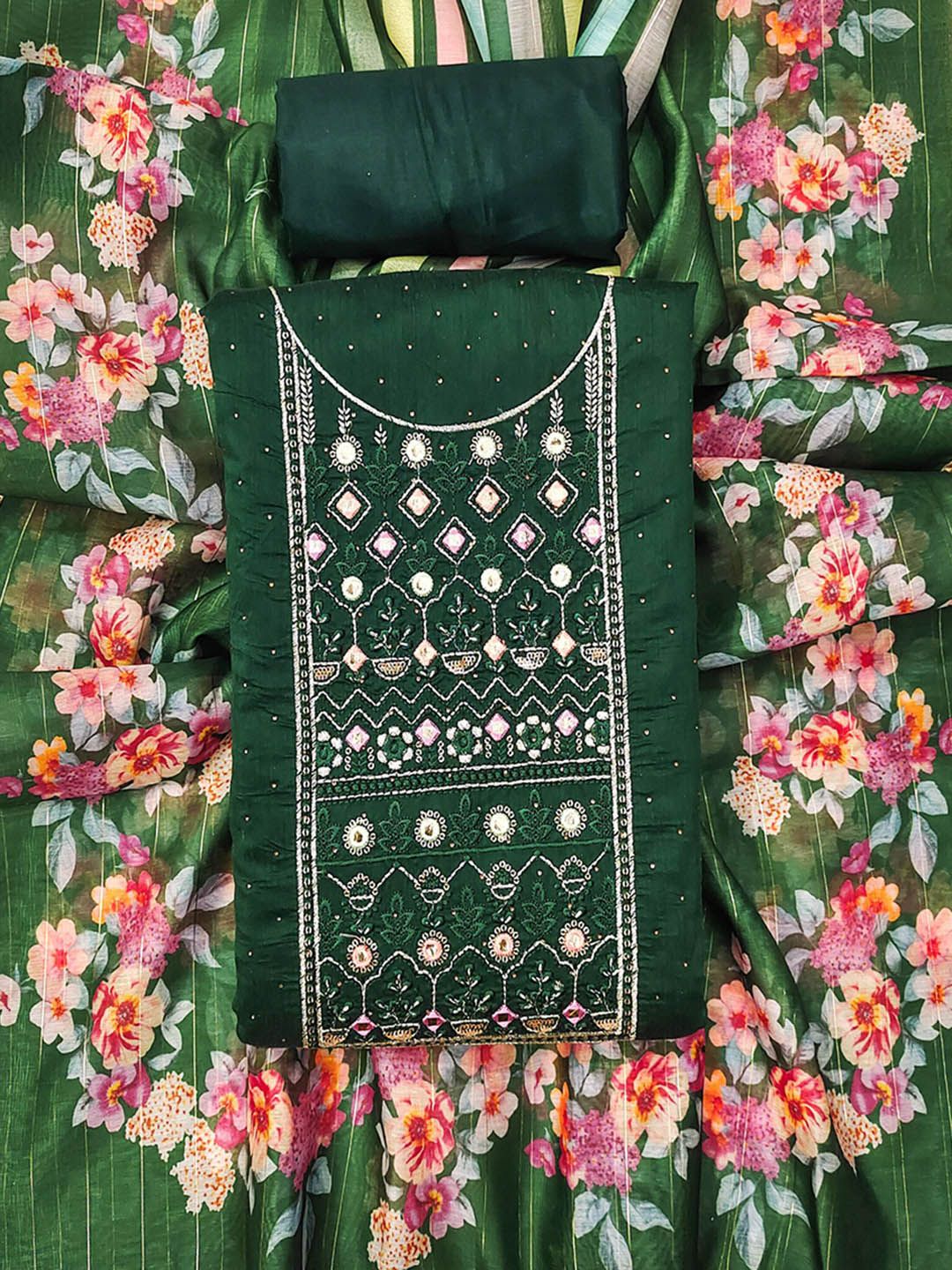 TAVAS Floral Embroidered Mirror Work Unstitched Dress Material