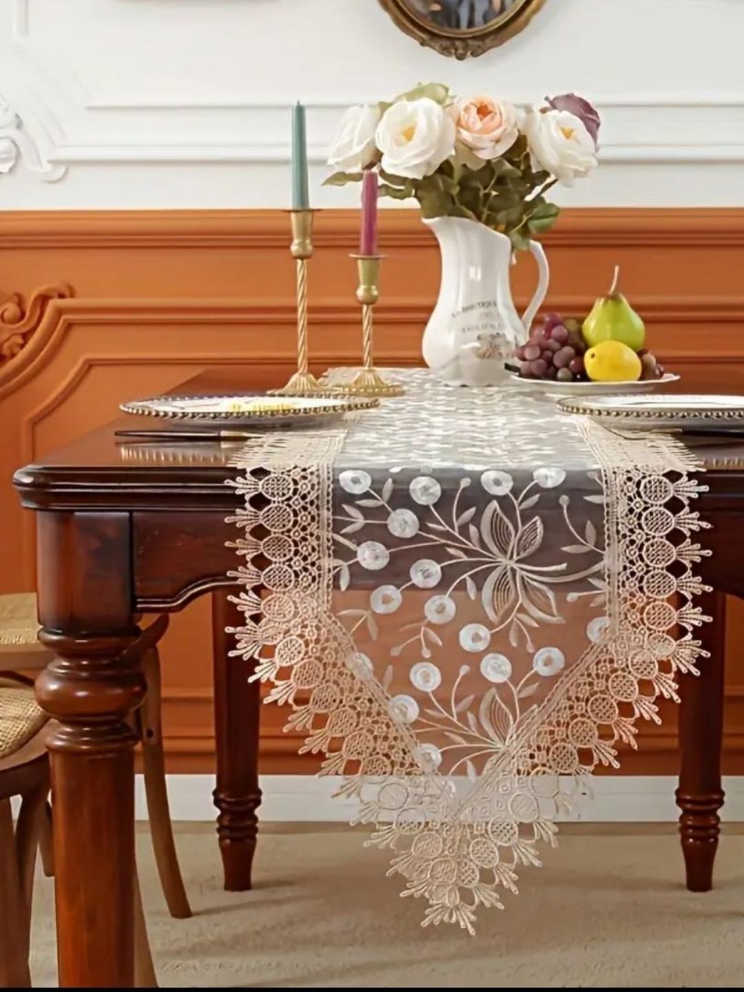 MONKDECOR White & Beige Floral Embroidered Table Runners