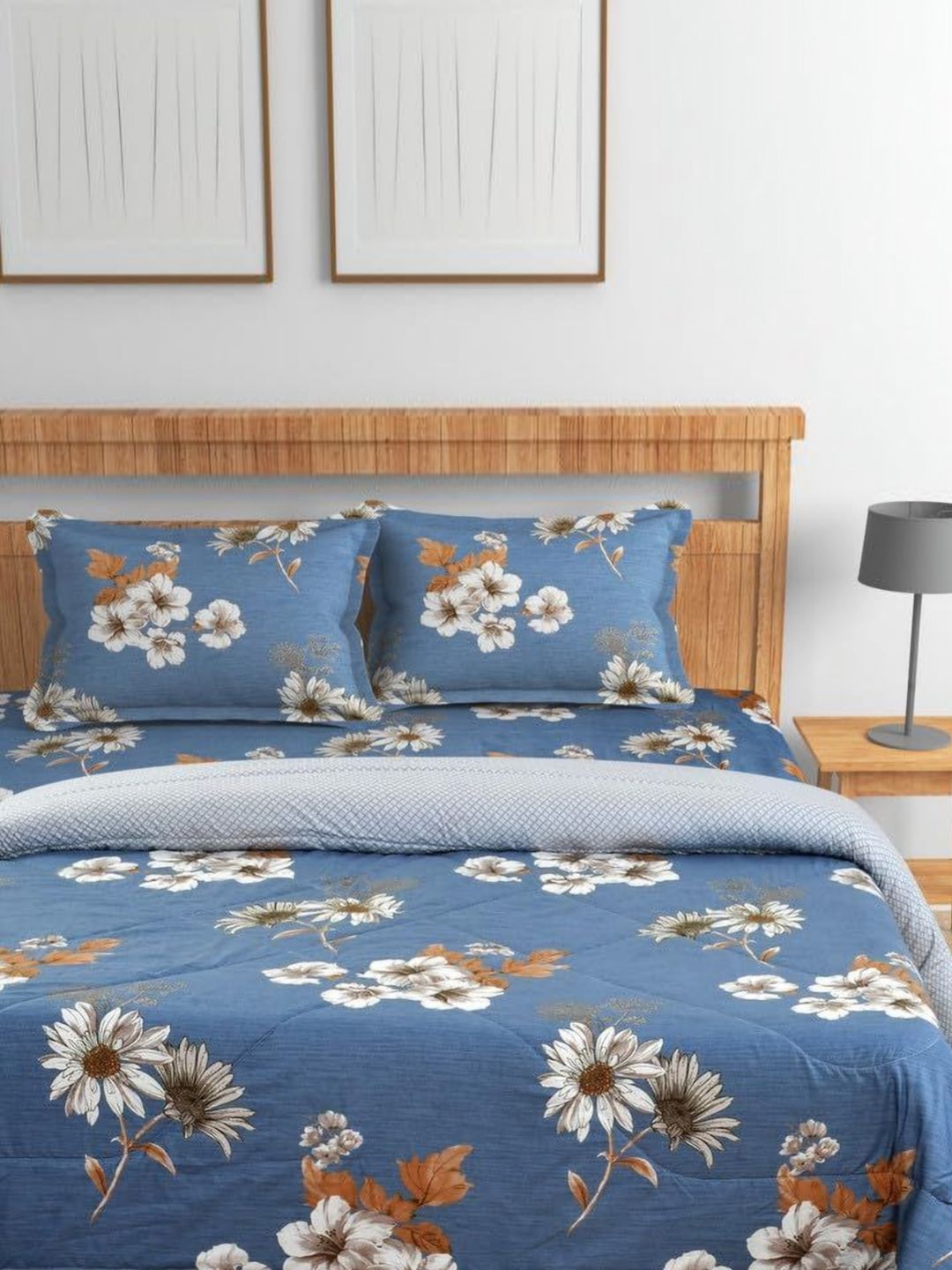 Florida Blue & Grey Floral Printed Cotton 4 Piece Double King Bedding Set