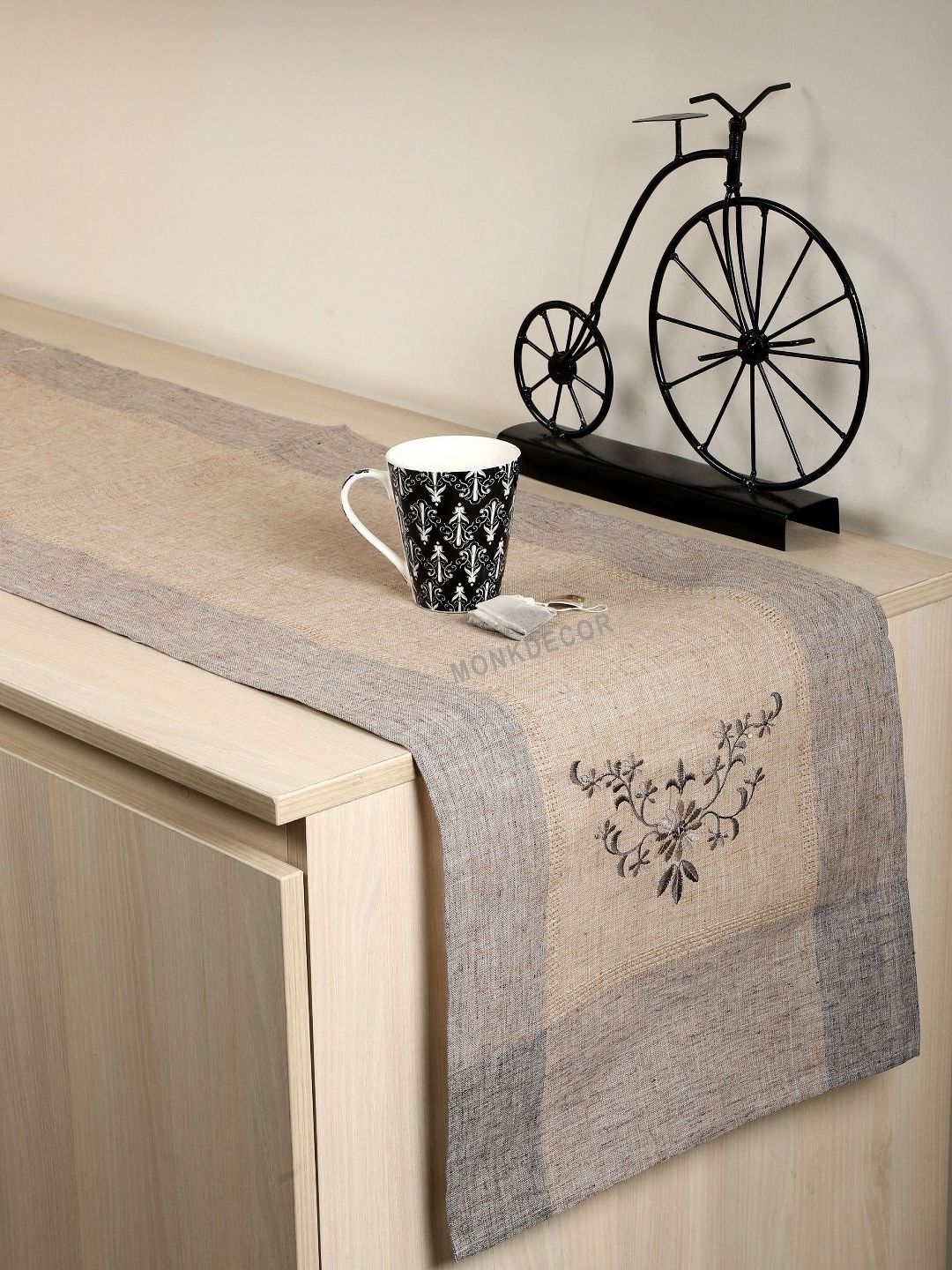 MONKDECOR Beige & Grey Floral Embroidered Table Runners