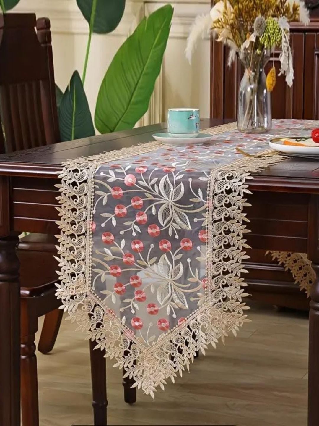 MONKDECOR Pink & Beige Floral Embroidered Table Runners