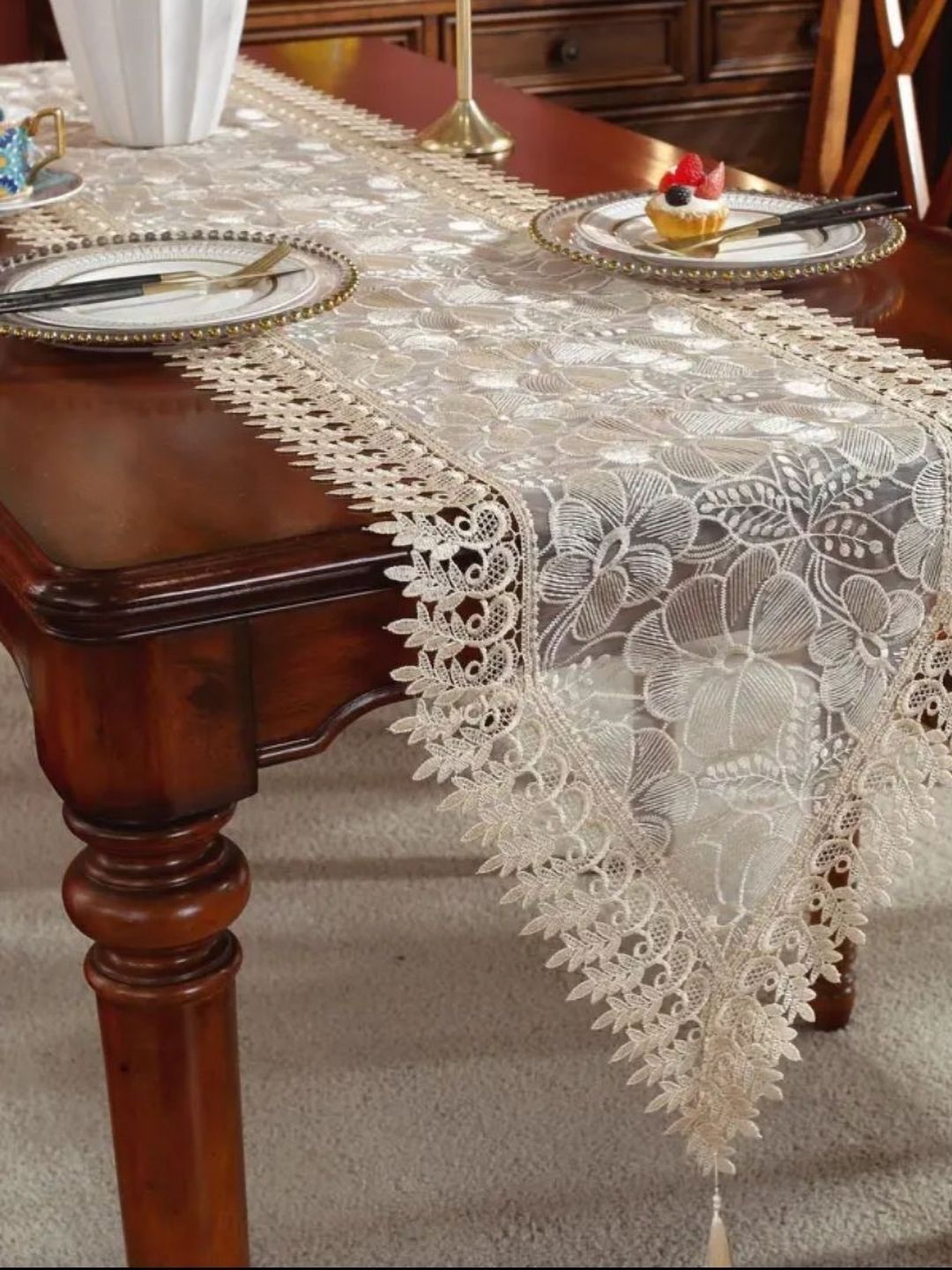 MONKDECOR Beige & White Floral Embroidered Table Runners
