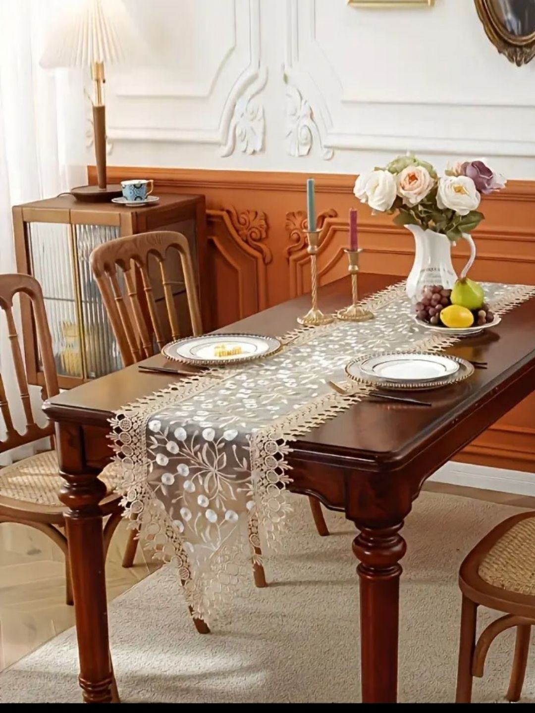 TANLOOMS White & Beige Floral Embroidered Table Runners