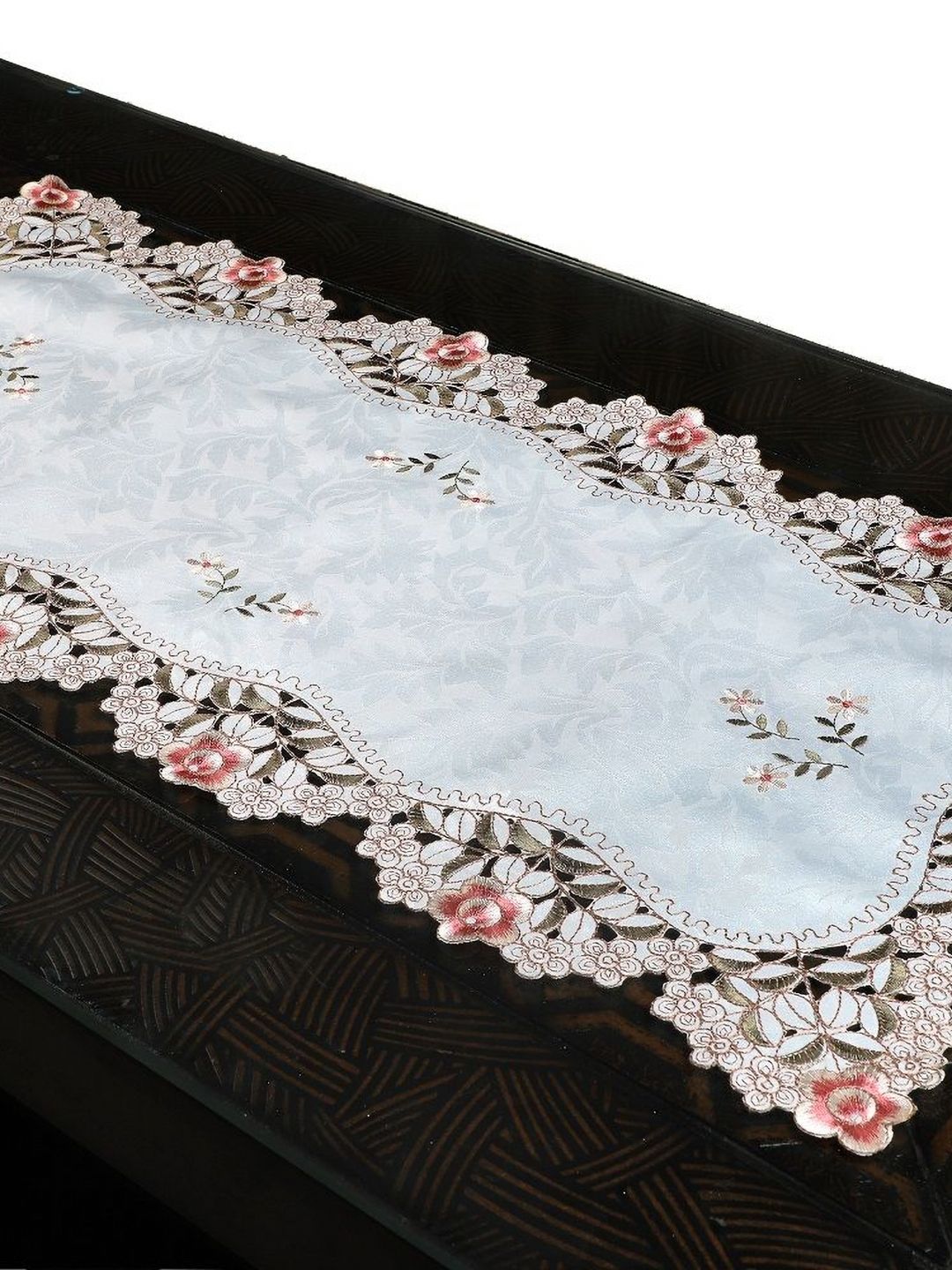 MONKDECOR White & Pink Floral Embroidered Table Runners