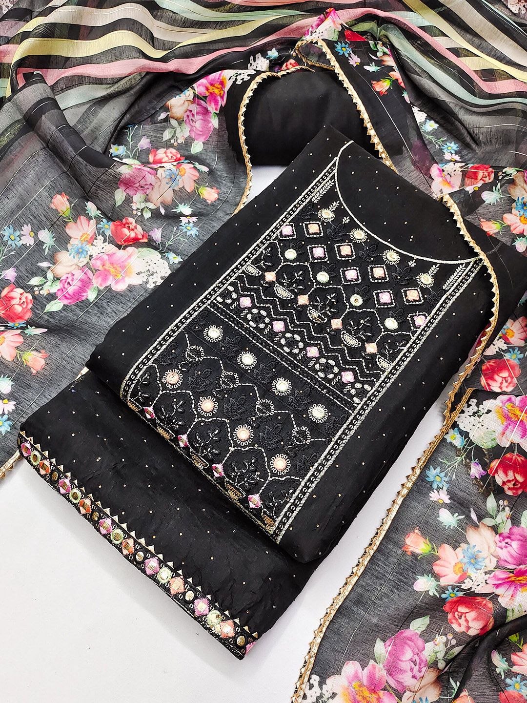 TAVAS Floral Embroidered Mirror Work Unstitched Dress Material