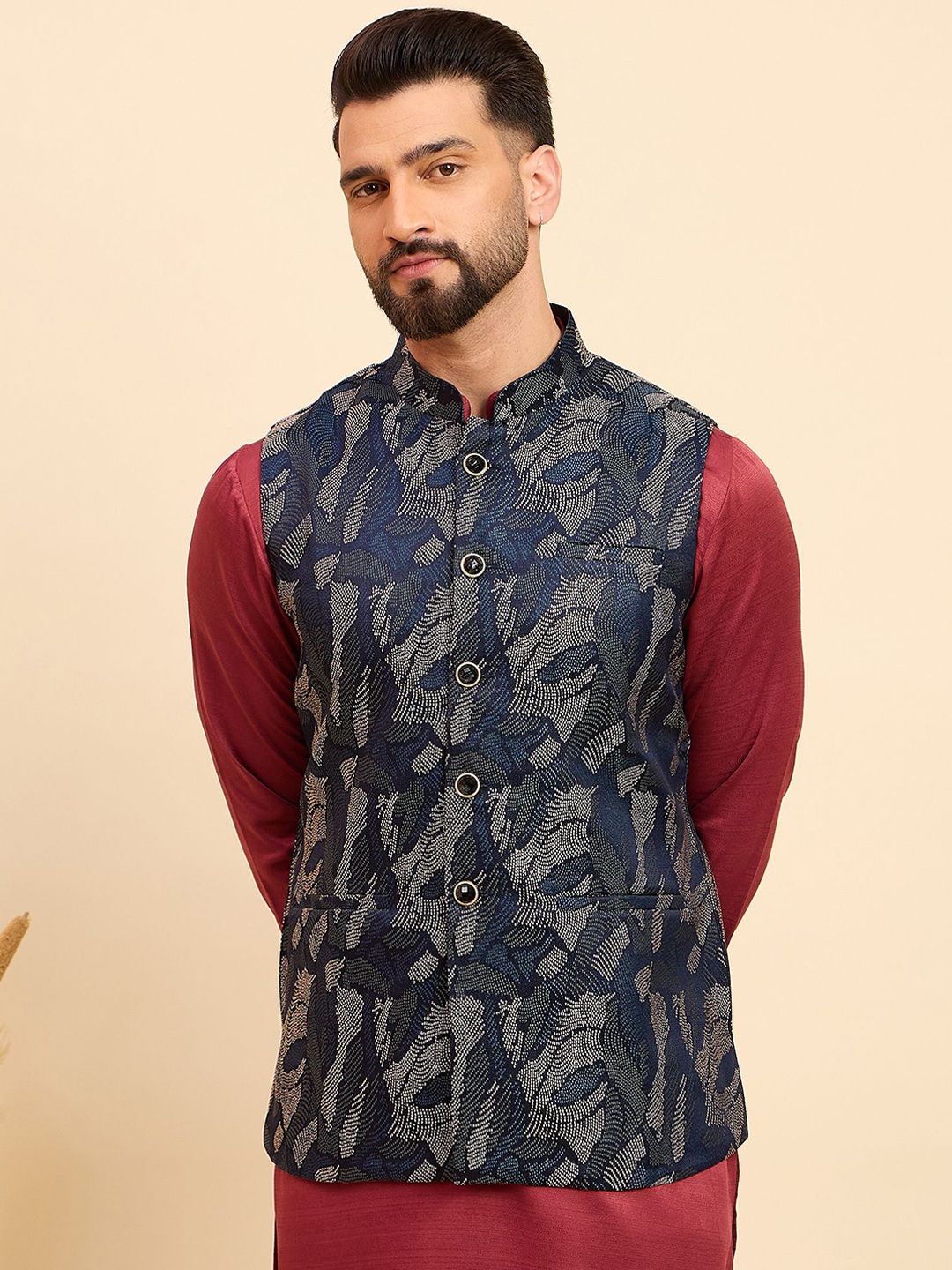 House of Pataudi Woven Design Mandarin Collar Nehru Jacket