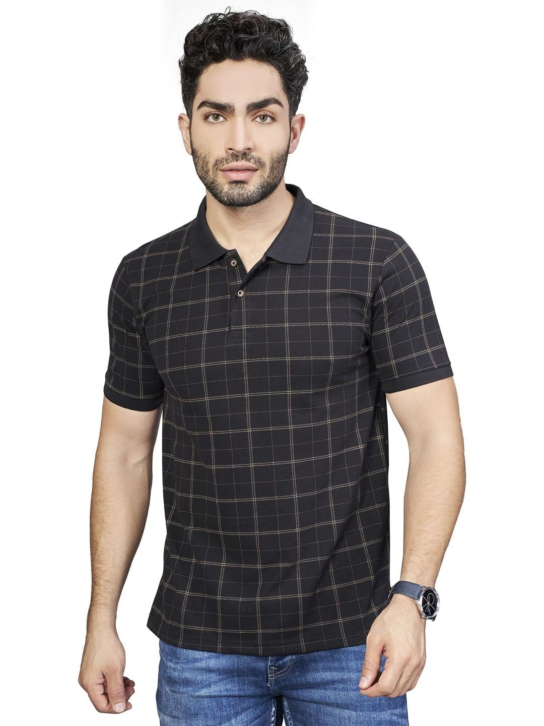 BE POSITIVE Men Black Checked Polo Collar T-shirt