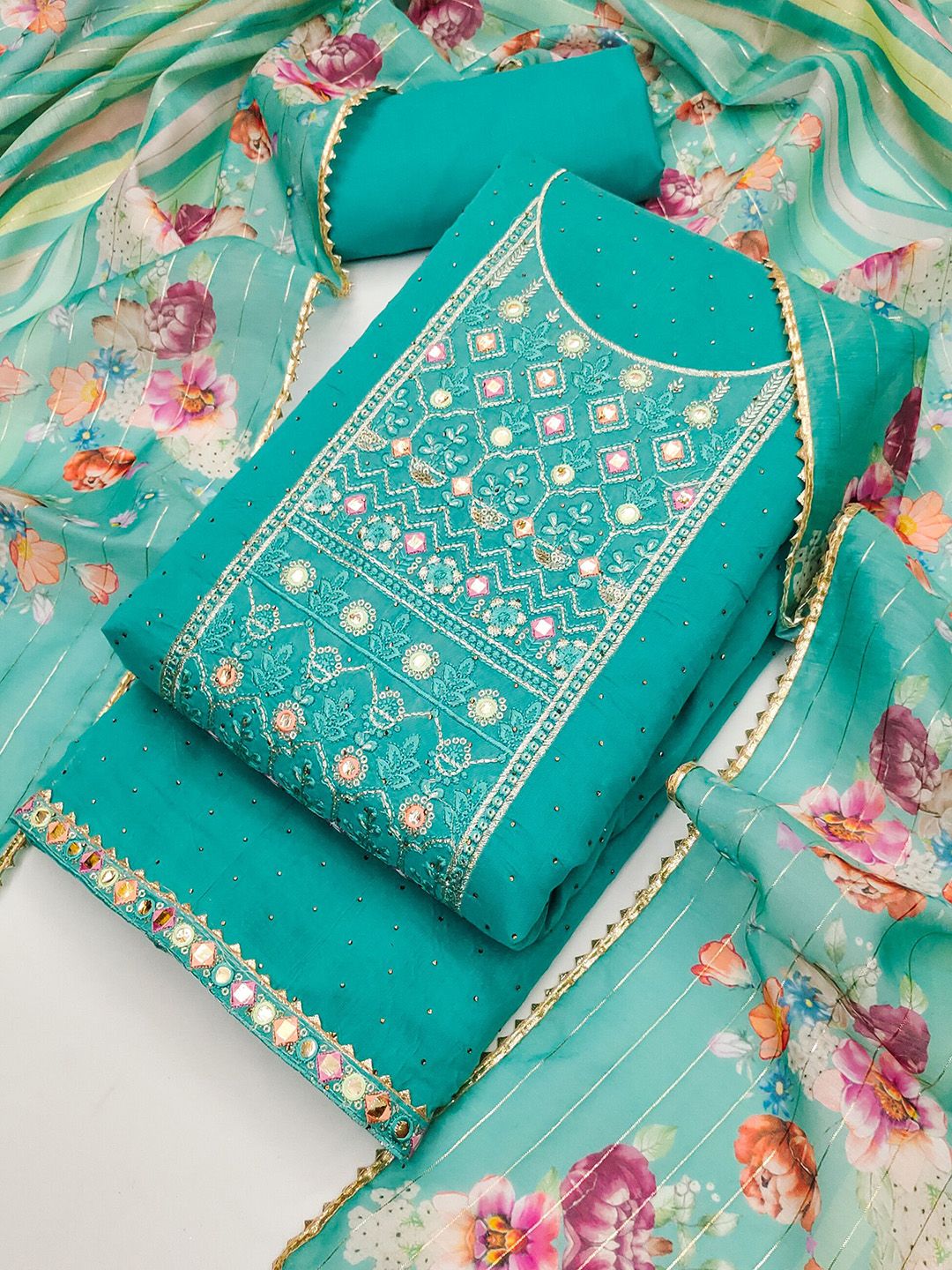 TAVAS Floral Embroidered Mirror Work Unstitched Dress Material