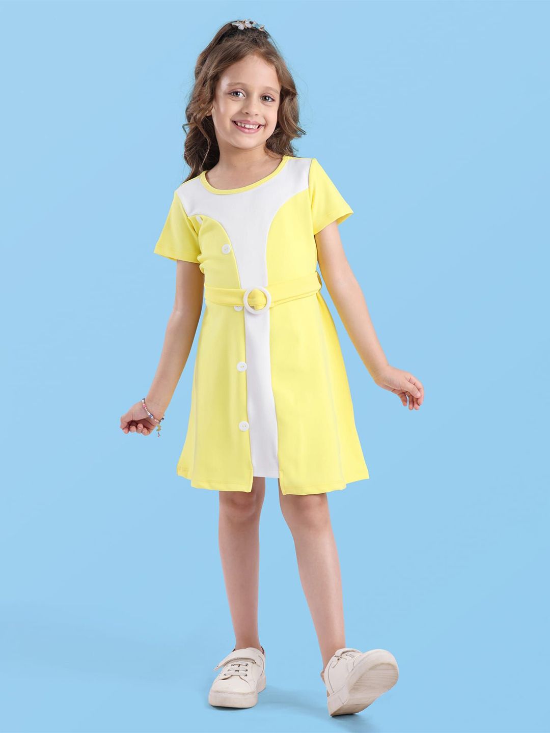 Hola Bonita Girl Colourblocked Belted Fit & Flare Dress
