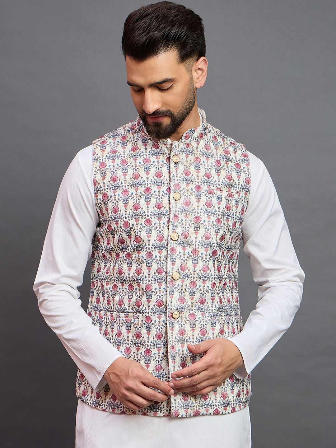 House of Pataudi Woven Design Mandarin Collar Nehru Jacket