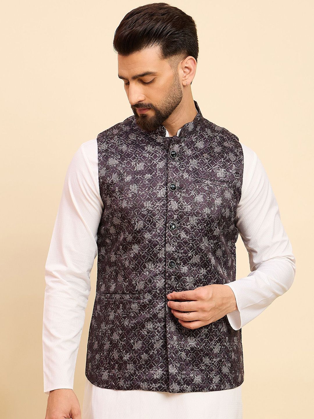 House of Pataudi Woven Design Mandarin Collar Nehru Jacket