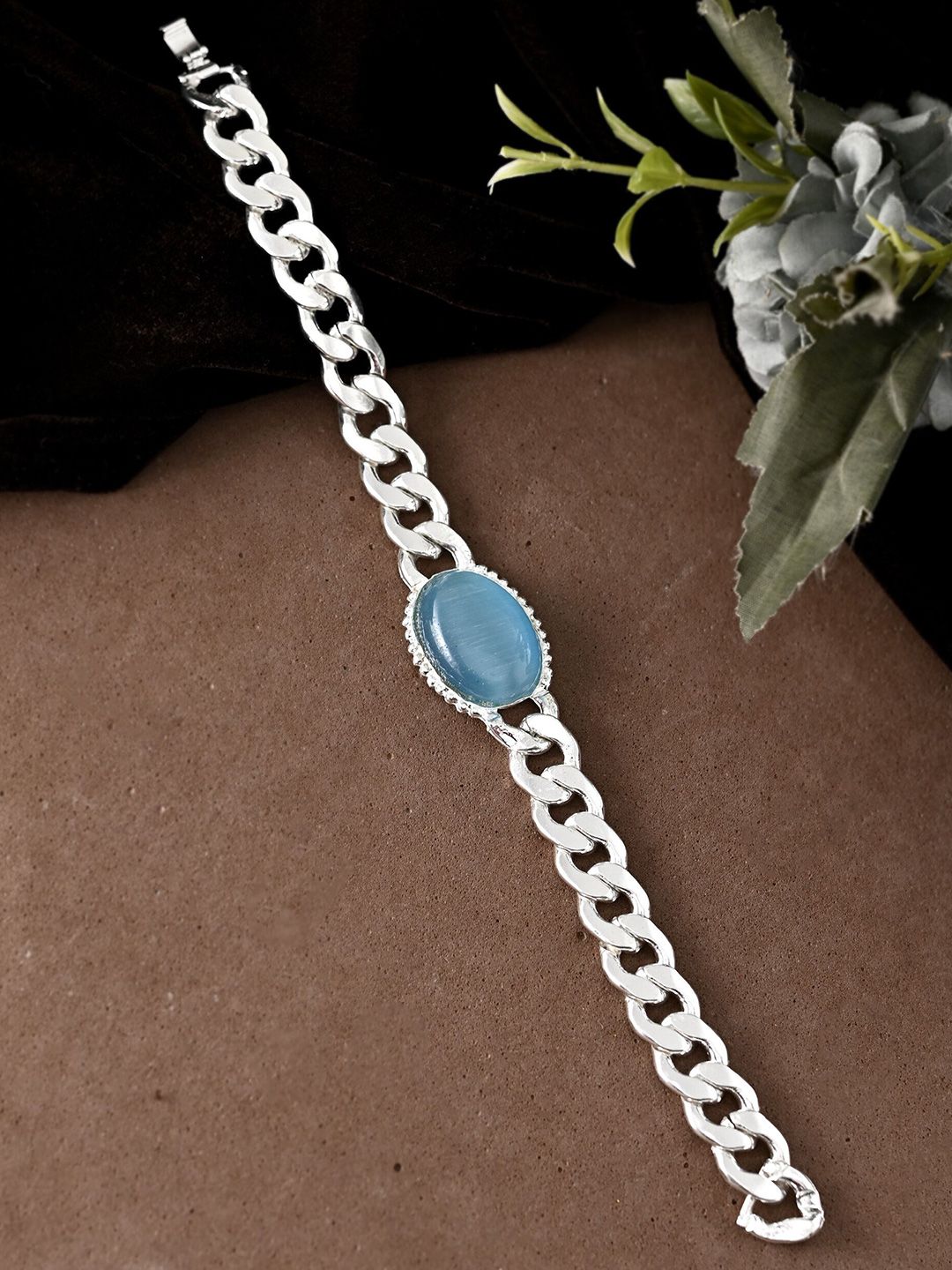 VOJ Men Stainless Steel Silver-Plated Artificial Beaded Link Bracelet
