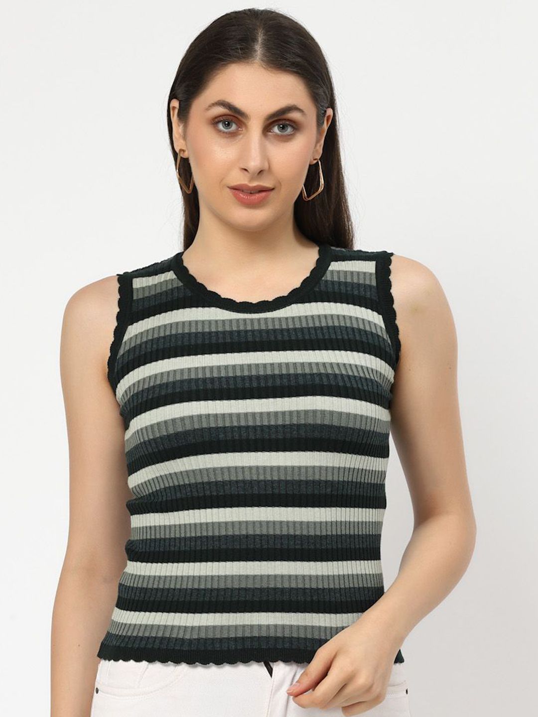 Kalt Women Striped Cotton Fitted Crop Top