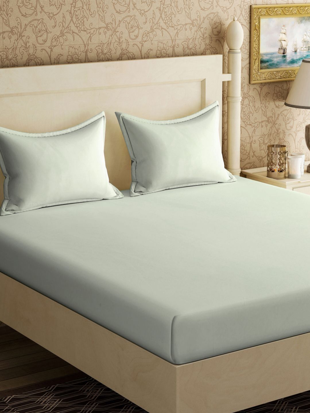 Myntra Elegant Homes Myntra Elegant Homes Green Cotton 300 TC King Fine Bedsheet with 2 Pillow Covers-98 x 89 inches