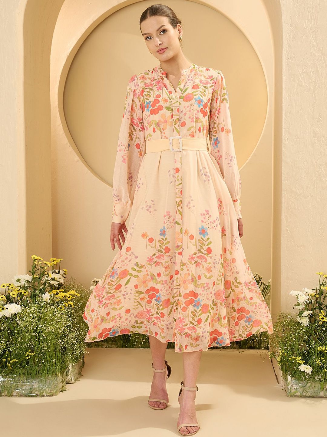 Printed A-Line Midi Dress Antheaa Floral Printed Chiffon A-Line Midi Dress