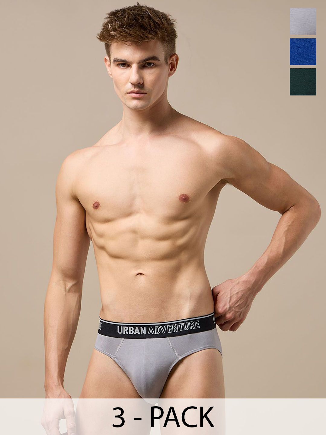 URBAN ADVENTURE Pack Of 3 Anti-Bacterial Basic Briefs 3UAM-002(ROYAL-LIGHT GREY-GREEN