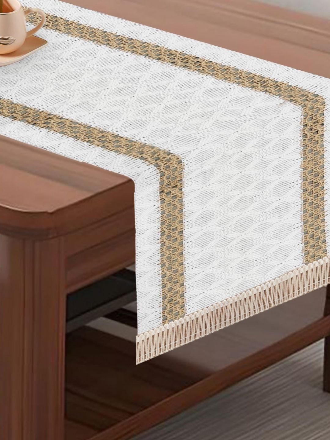 MONKDECOR White & Beige Geometric Textured Table Runners