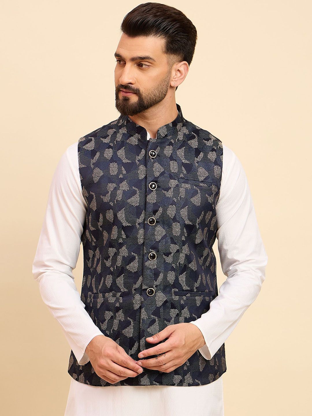 House of Pataudi Woven Design Mandarin Collar Nehru Jacket