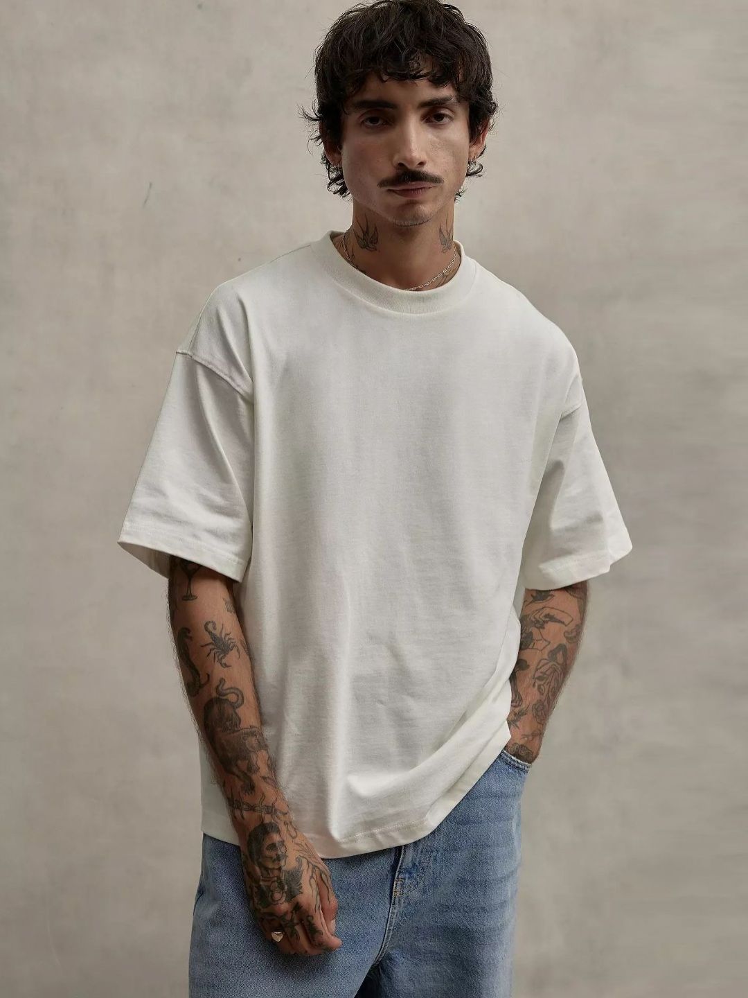 SMAN Men Solid Round Neck Cotton Oversized T-shirt