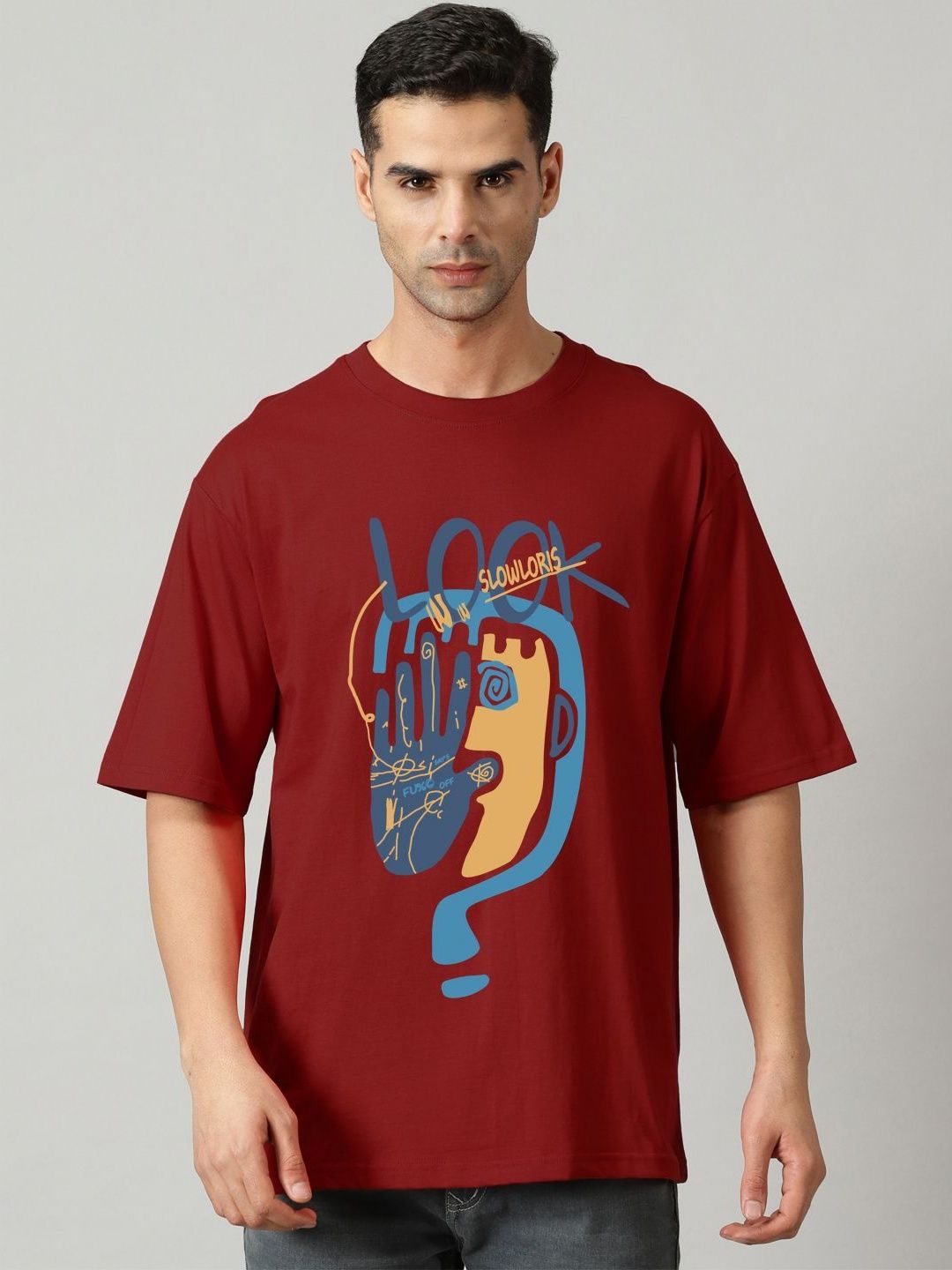 SLOWLORIS Men Graphic Printed Round Neck Oversized T-shirt