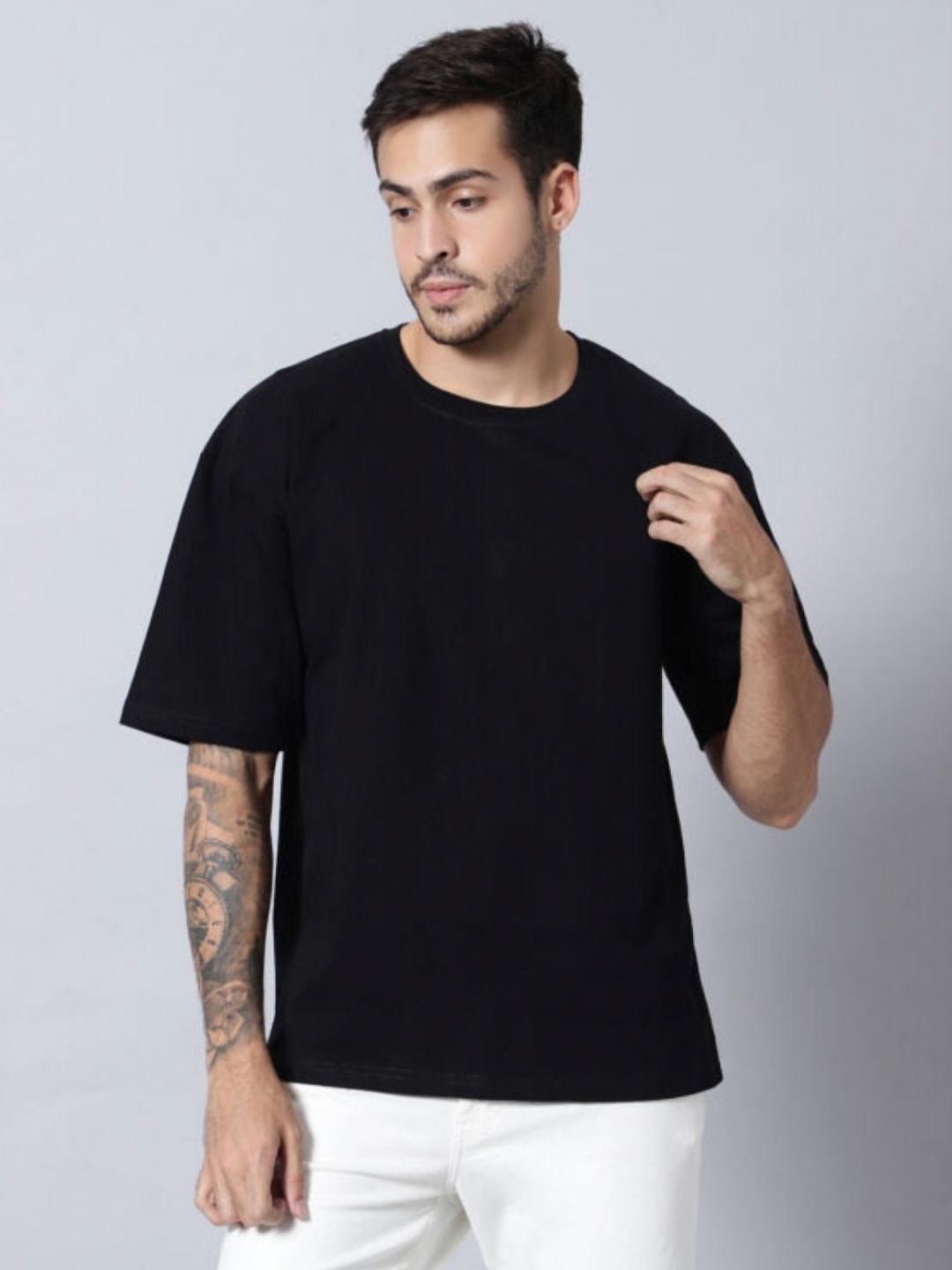 SMAN Men Solid Round Neck Cotton Oversized T-shirt