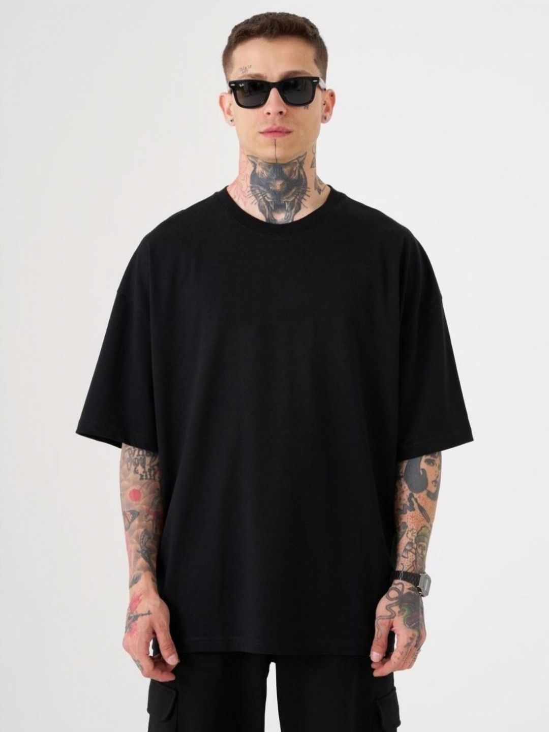 SMAN Men Solid Round Neck Cotton Oversized T-shirt