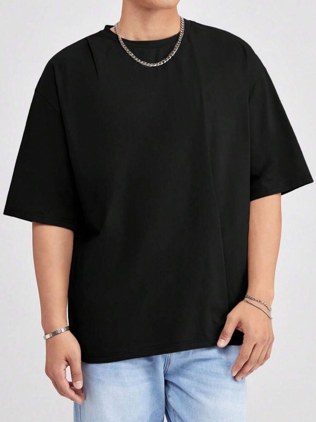 SMAN Men Solid Round Neck Cotton Oversized T-shirt