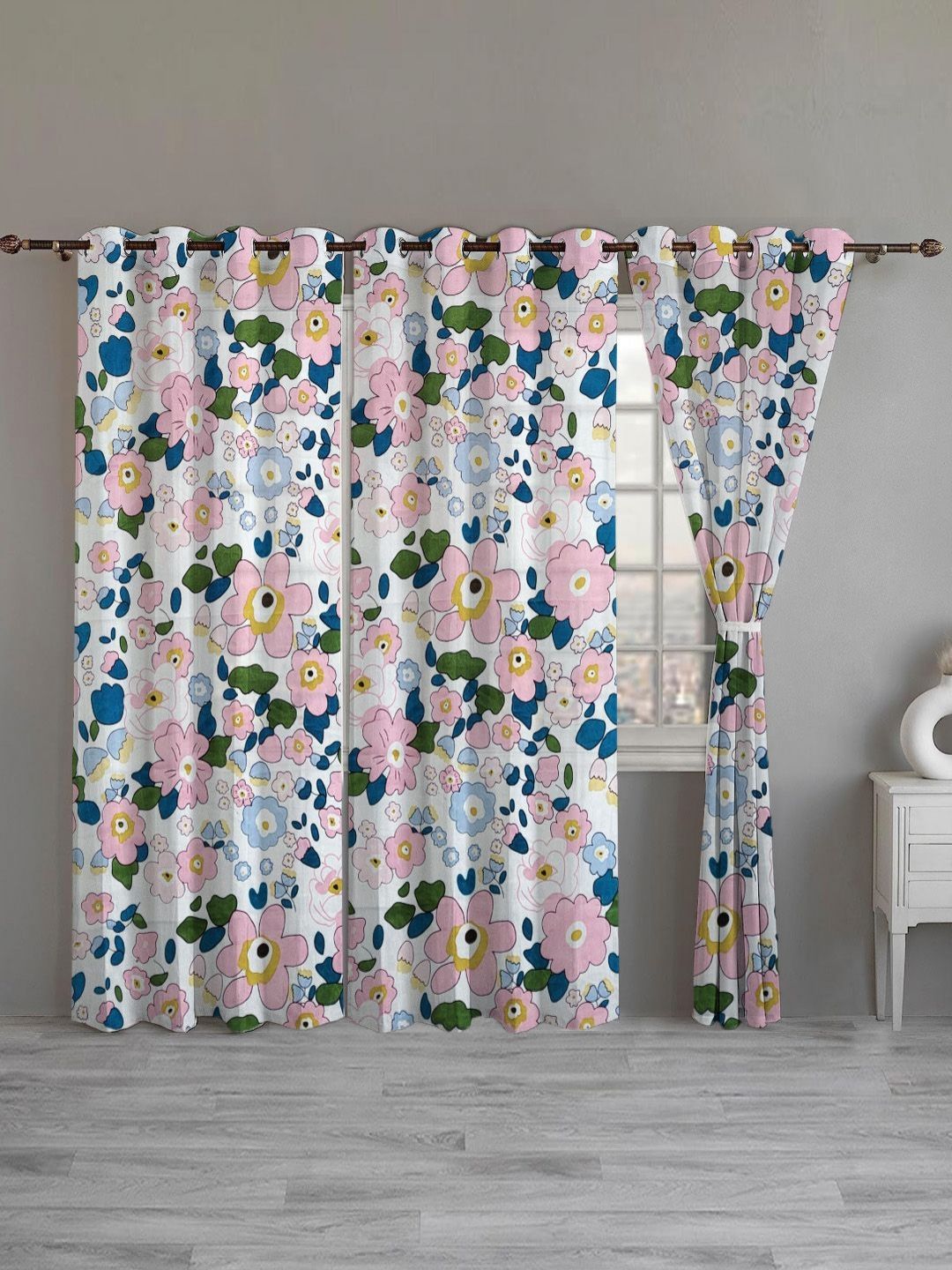 ANA White & Pink Set of 3 Floral Room Darkening Long Door Curtain