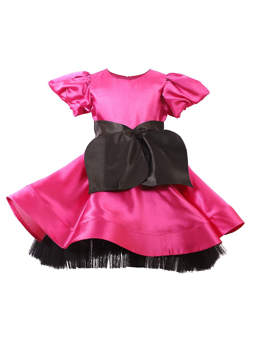 FAIRY DOLLS Girls Puff Sleeve Satin Fit & Flare Dress