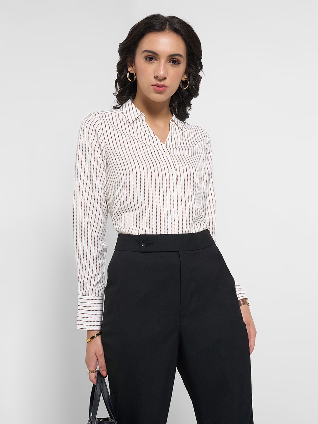 Annabelle by Pantaloons Women Striped Shirt Collar Cuffed Sleeves Shirt Style Top