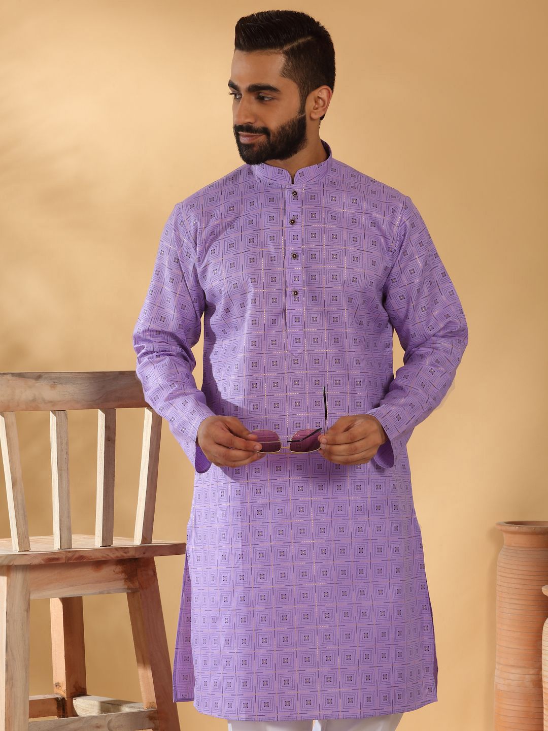 KRAFT INDIA Geometric Printed Mandarin Collar Straight Kurta